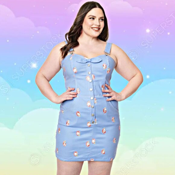 Unique Vintage Dresses & Skirts - Unique Vintage Periwinkle Denim Mini Dress Embroidered Unicorn Overalls Size 3X
